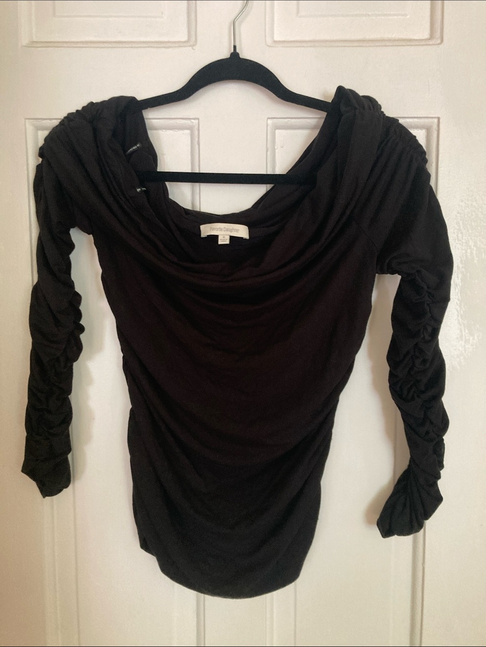 Favorite Daughter Black off the shoulder Ruched Sleeve Draped Neck Top